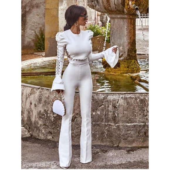 unknown Tops - Women's Suit Matching Set 2 Pieces White Top + Flare Pants M